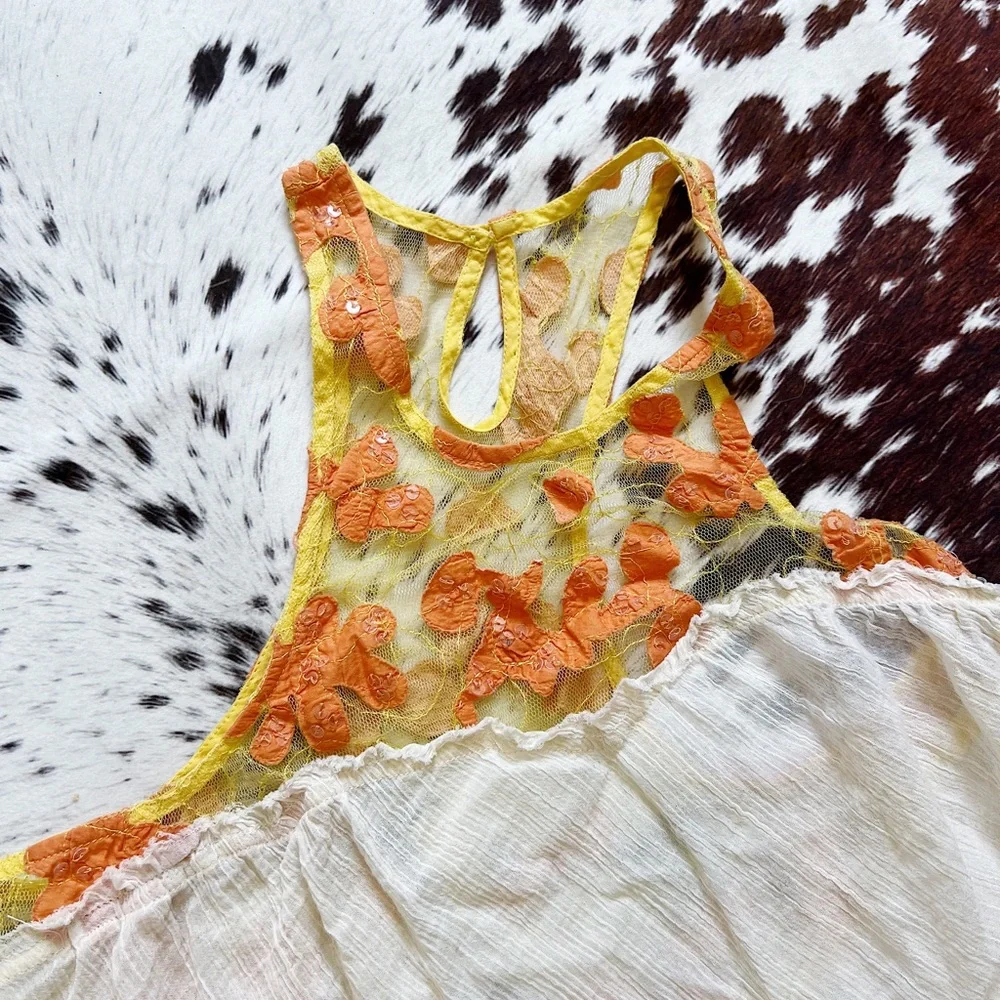 Free People Orange Lace Crepe High Neck Asymmetrical Tank - Picture 2 of 9